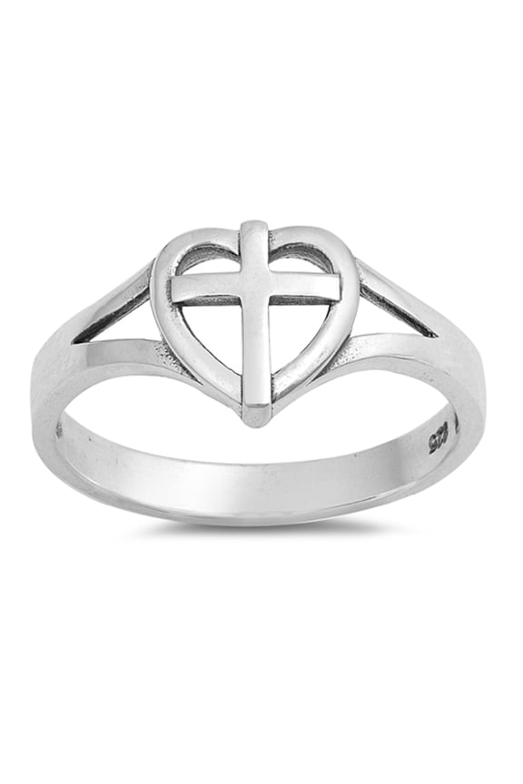 Oxidized Heart Cross Love Promise Ring .925 Sterling Silver Band Jewelry Female Male Unisex Size 4