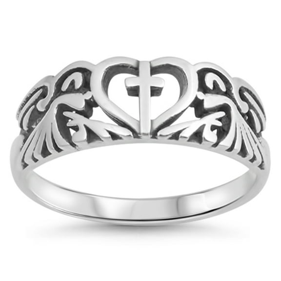 Oxidized Heart Cutout Cross Filigree Ring .925 Sterling Silver Band Jewelry Female Male Size 5