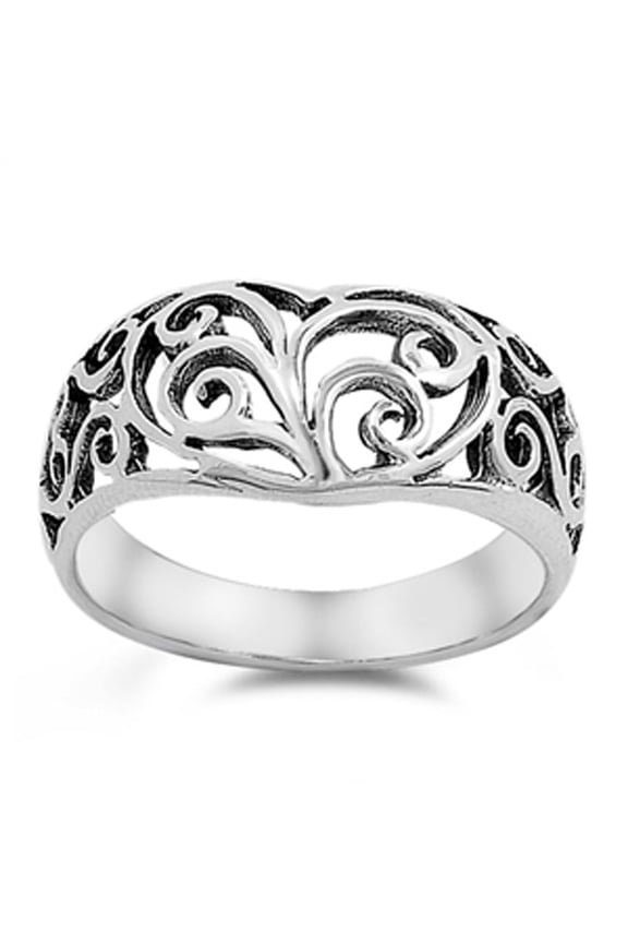 Oxidized Heart Floral Spiral Purity Ring 925 Sterling Silver Band Jewelry Female Male Unisex Size 8