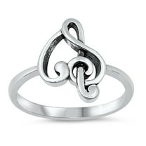 Oxidized Heart Music Love Clef Note Ring .925 Sterling Silver Band Jewelry Female Male Unisex Size 9