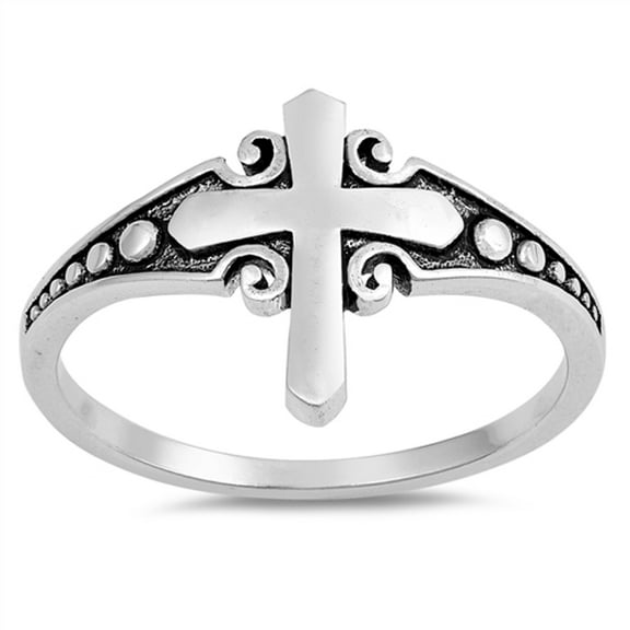 Oxidized Long Cross Beaded Christian Ring .925 Sterling Silver Band Jewelry Female Male Size 9