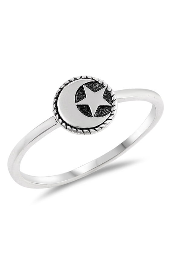Oxidized Moon Star Dainty Ring 925 Sterling Silver Muslim Band Jewelry Female Male Unisex Size 4