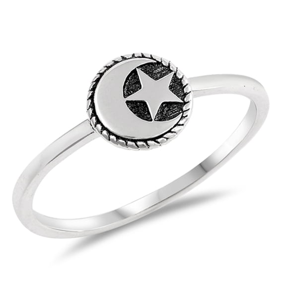 Oxidized Moon Star Dainty Ring 925 Sterling Silver Muslim Band Jewelry Female Male Unisex Size 9