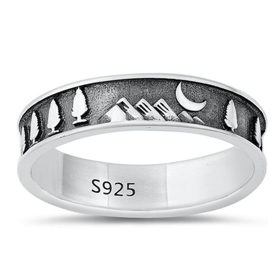 Oxidized Mountain Moon Tree Ring .925 Sterling Silver Band Jewelry Female Male Unisex Size 5