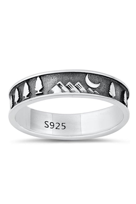 Oxidized Mountain Moon Tree Ring .925 Sterling Silver Band Jewelry Female Male Unisex Size 8