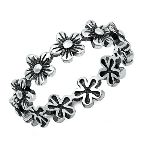 Oxidized Plumeria Flower Eternity Nature Ring Sterling Silver Band 925 Jewelry Female Male Size 10