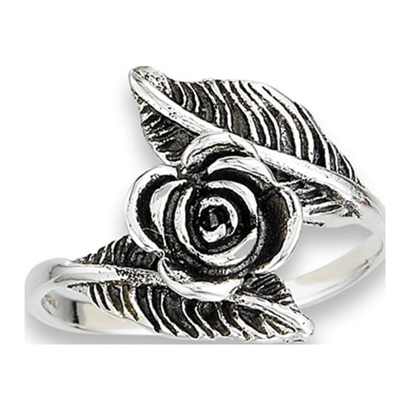 Oxidized Rose Flower Leaf Ring .925 Sterling Silver Feather Band Jewelry Female Male Unisex Size 7