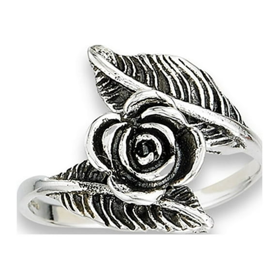 Oxidized Rose Flower Leaf Ring .925 Sterling Silver Feather Band Jewelry Female Male Unisex Size 9