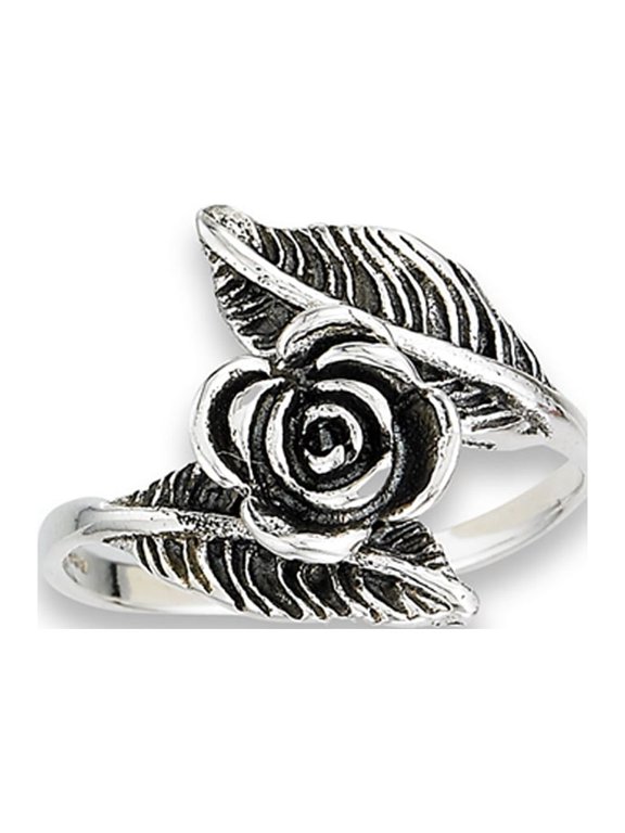 Oxidized Rose Flower Leaf Ring .925 Sterling Silver Feather Band Jewelry Female Male Unisex Size 9