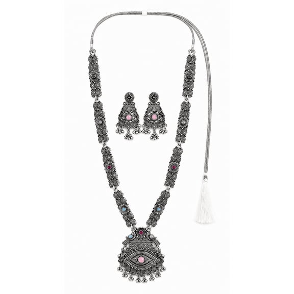 Oxidized Silver Plated Long Necklace Set for Women with Matching Earrings | Traditional Boho Statement Jewelry Set | Adjustable Thread Necklace | Multicolor Stone Design