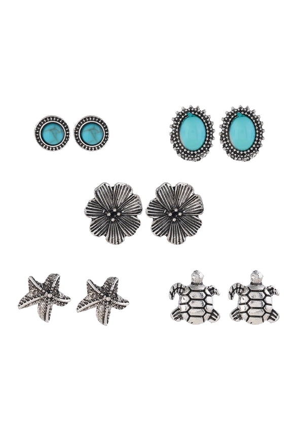 Oxidized Silver and Turquoise Beach Earring (5 Pair Studs)