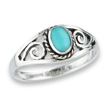 Oxidized Simulated Turquoise Filigree Swirl Rope Halo Ring Sterling Silver Band Blue CZ Female Size 9