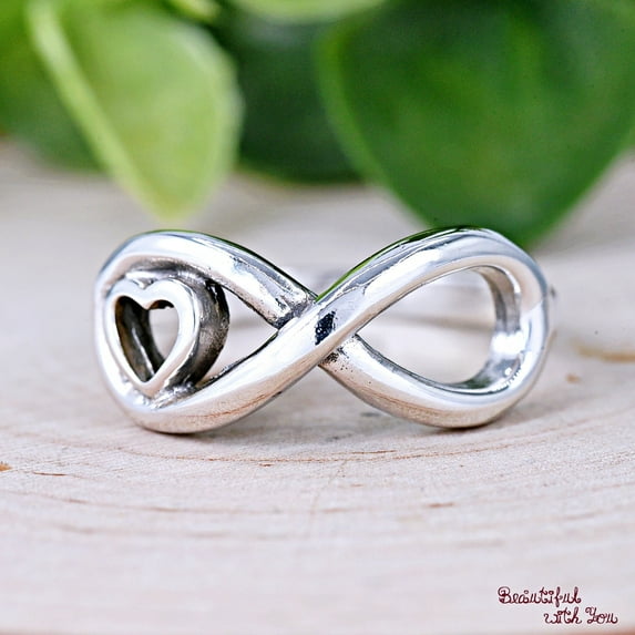 Oxidized Solid 925 Sterling Silver Infinity with Heart Accented Promise Ring, Infinity Loop Heart Anniversary Ring, Womens Statement Ring Ring Size-9.5