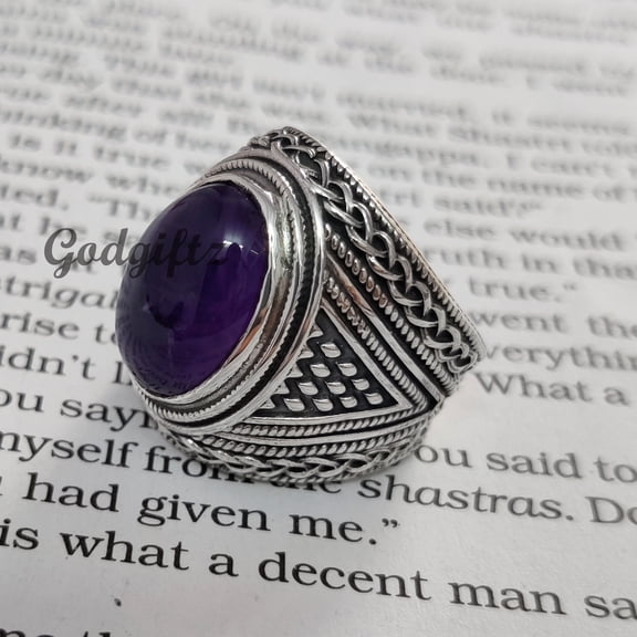 Oxidized Sterling Silver Amethyst Men's Ring: Handmade Statement Jewelry