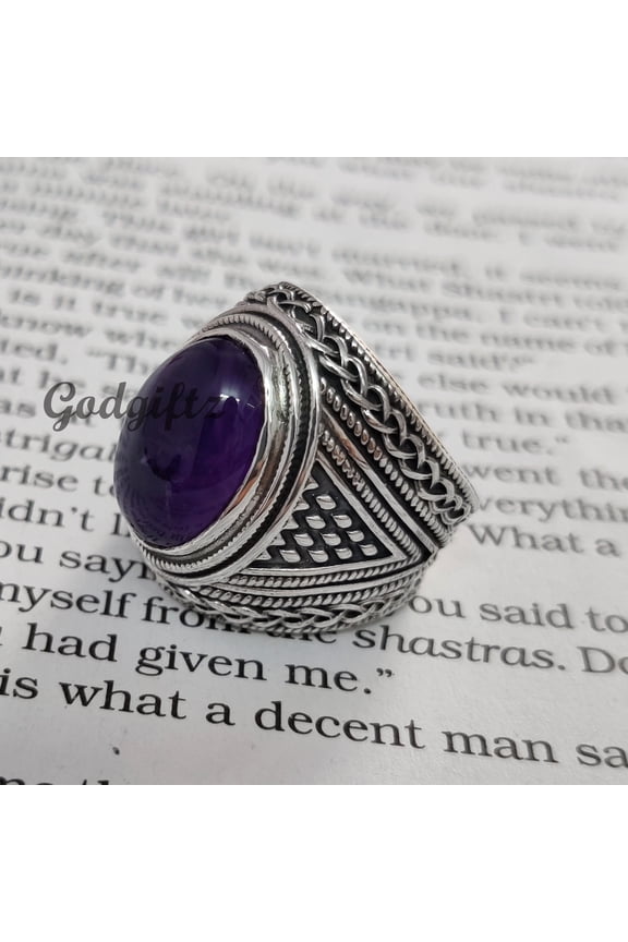 Oxidized Sterling Silver Amethyst Men's Ring: Handmade Statement Jewelry