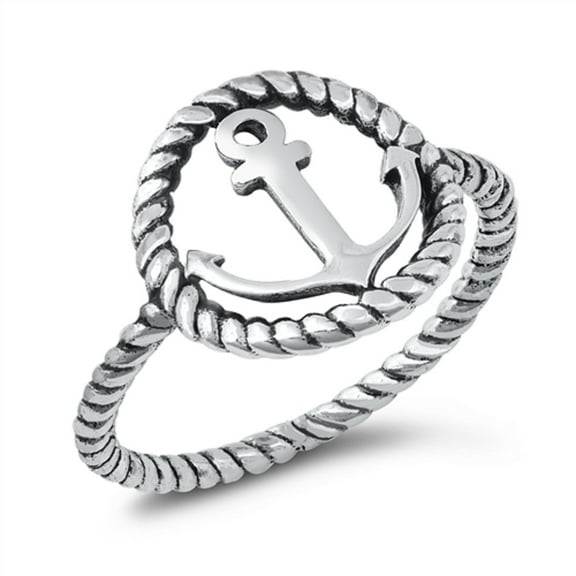 Oxidized Sterling Silver Anchor Rope Ring Size 9