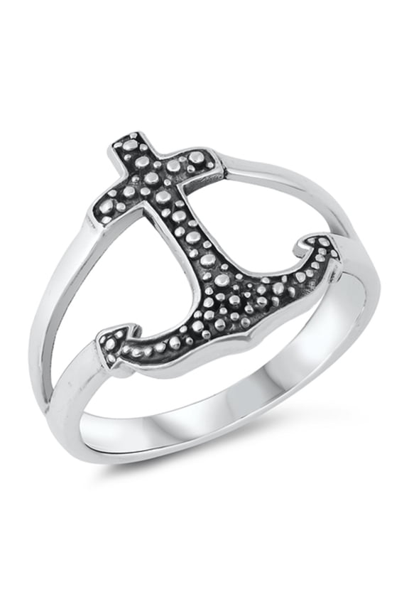 Oxidized Sterling Silver Beaded Anchor Split Shank Ring Size 9