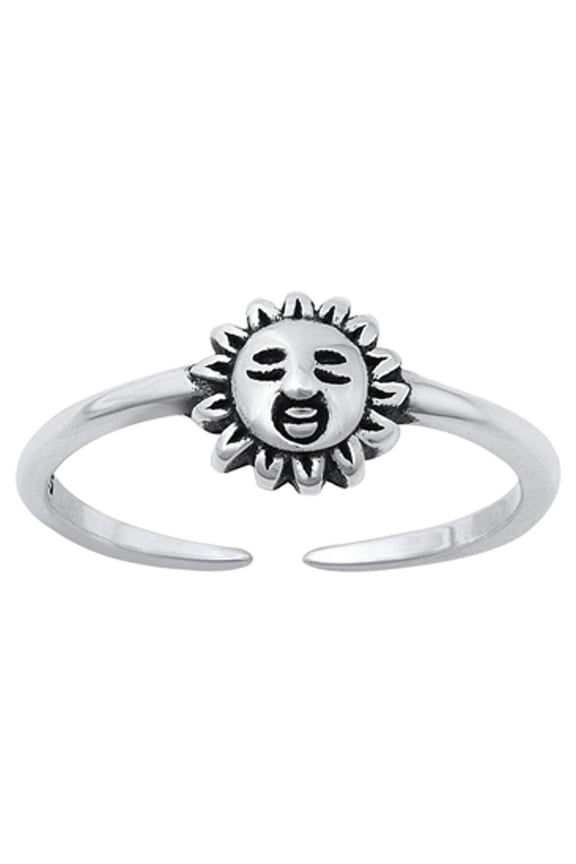 Oxidized Sterling Silver Boho Sun Face Toe & Midi Ring Adjustable Band 925 New Jewelry Female Unisex