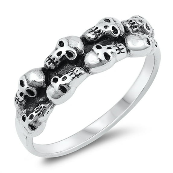 Oxidized Sterling Silver Double Row Skull Ring Size 5