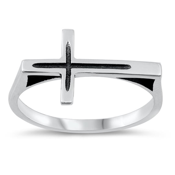 Oxidized Sterling Silver Flat Sideways Cross Ring Size 10
