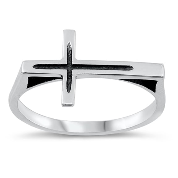 Oxidized Sterling Silver Flat Sideways Cross Ring Size 7