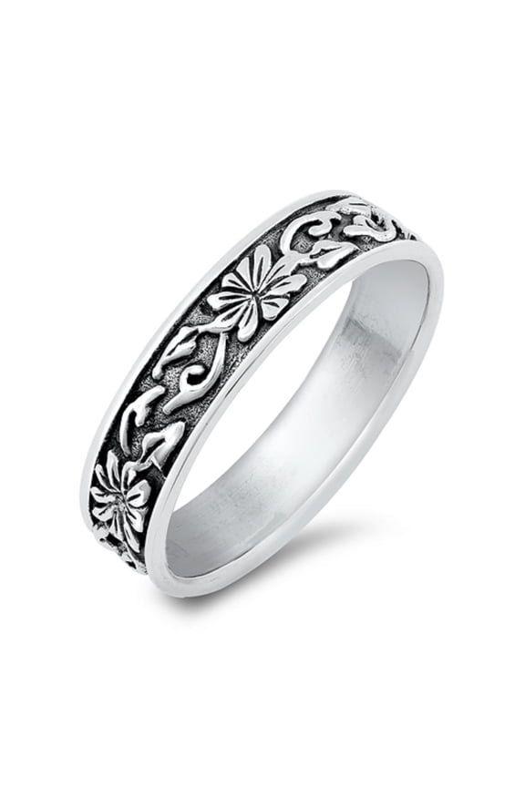 Oxidized Sterling Silver Floral Band Ring Size 5