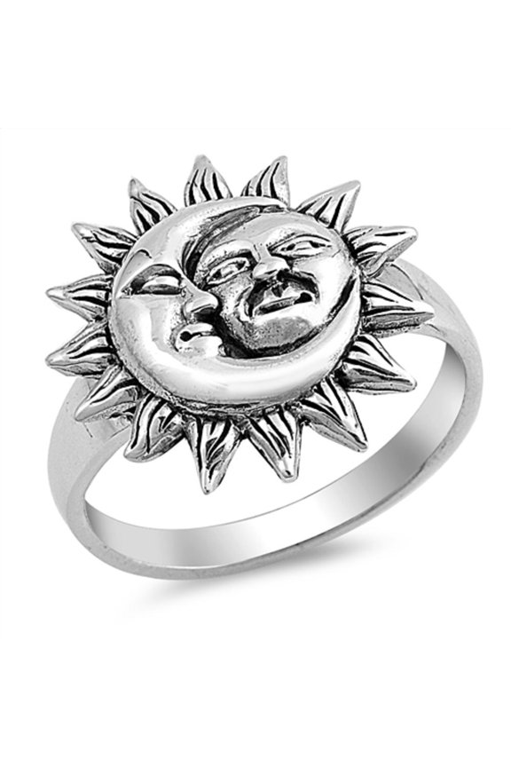 Oxidized Sterling Silver Moon And Sun Together Solitaire Ring