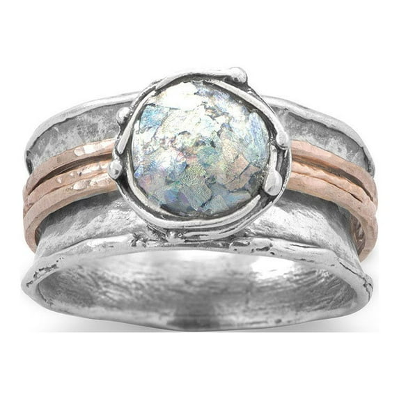 Oxidized Sterling Silver Ring Round Roman Glass Three Rose Gold-Flashed Bands - Size 6