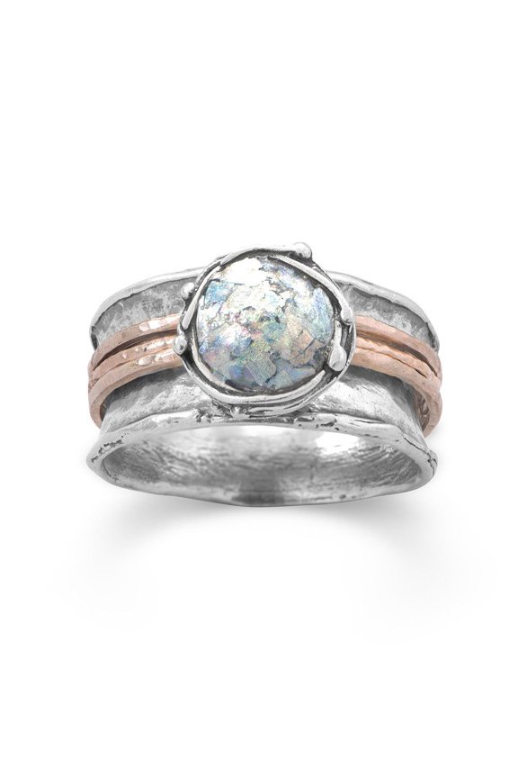 Oxidized Sterling Silver Ring Round Roman Glass Three Rose Gold-Flashed Bands - Size 7
