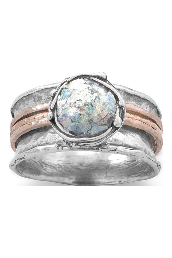 Oxidized Sterling Silver Ring Round Roman Glass Three Rose Gold-Flashed Bands - Size 8