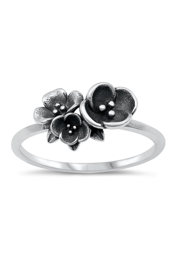 Oxidized Sterling Silver Triple Flowers Ring