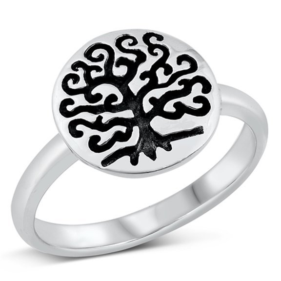 Oxidized Tree of Life Medallion Ring .925 Sterling Silver Band Jewelry Female Male Unisex Size 8