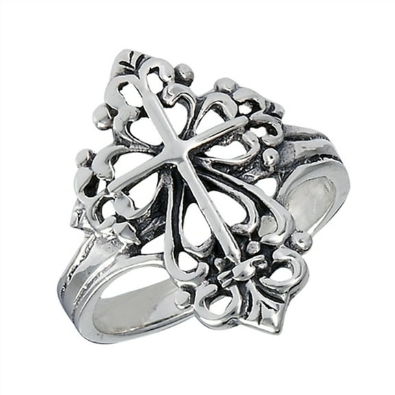 Oxidized Vintage Victorian Filigree Cross Ring Sterling Silver Band 925 Jewelry Female Male Size 6