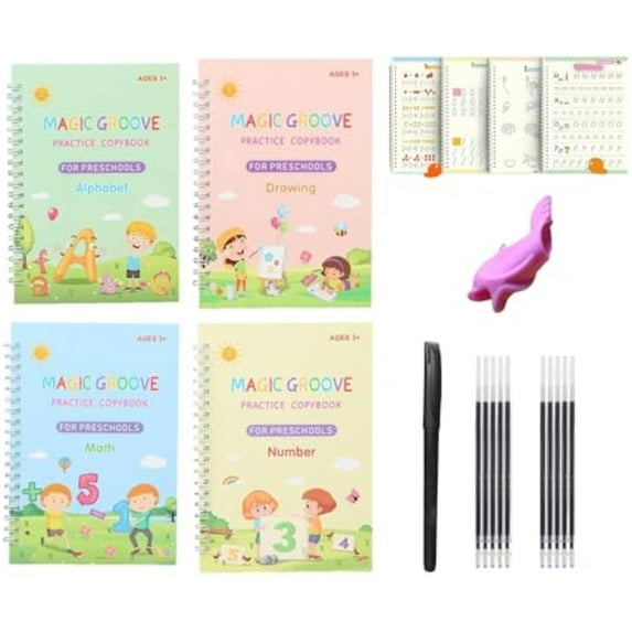 Oxinome Copybook, Magic Grooved Practice Copybook, Can Be Reused Handwriting Practice, Handwriting Practice Book with 1 Pcs Pen Holder and 10 Pcs Refills (1set)