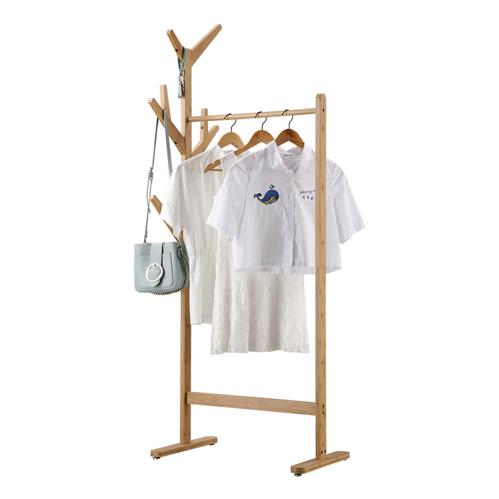 Oxkers Clothes Garment Rack – Wooden Coat Rack Stand with 8 Side Hooks, Single Rail, Holds up to 44 lbs, 25.6" W x 15.7" D x 67" H