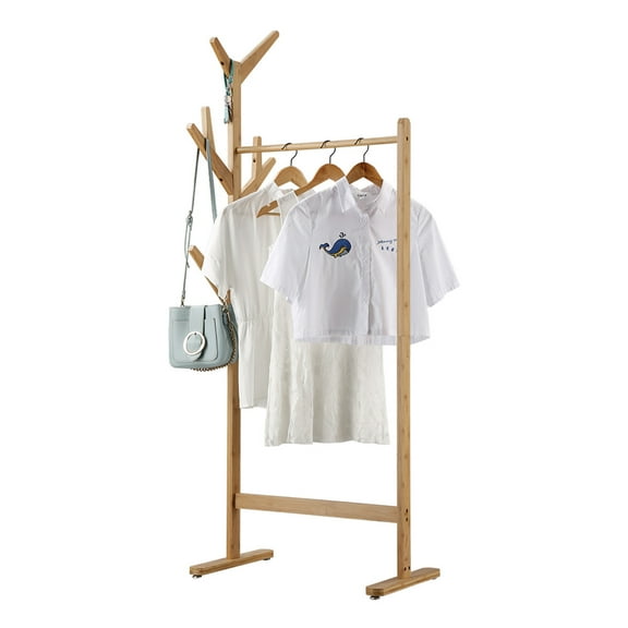 Oxkers Clothes Garment Rack – Wooden Coat Rack Stand with 8 Side Hooks, Single Rail, Holds up to 44 lbs, 25.6" W x 15.7" D x 67" H