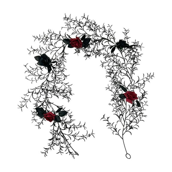 Oxodoi Black Halloween Wreath,Withered Rose Wreath Halloween,gothic withering branch wreath for indoor outdoor decor,lightweight rattan 6 ft (180 cm)