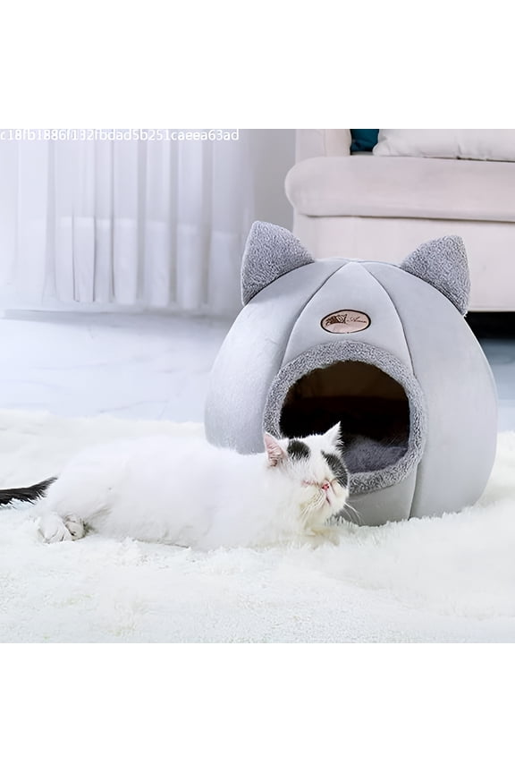 Cat Bed Pet Tent House for Small Dogs, Winter Indoor Washable Soft Warm Nest Foldable Sleeping Mat Pad, Round and Cave Shape Self Kennel Beds House with Cat Ear, 12.59 x12.59 x13.77inch