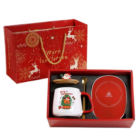 Zonao Christmas Ceramics Mug with Lid and Spoon,Heating Base,Christmas Gift for Women Men Kids with Gift Box