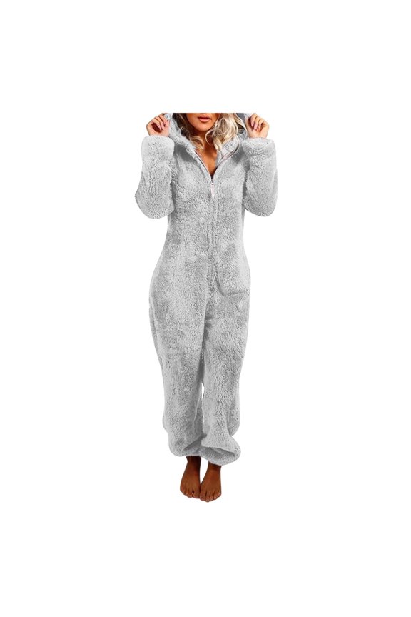 Tnhcen Women's Plus Size Fleece Pyjamas,Fluffy Soft Hooded Pyjama Set Winter Fall Cat Ear Pockets Sleeping Jumpsuit Cute Fleece Pajamas Suit Hooded Sleepwear Bodysuit