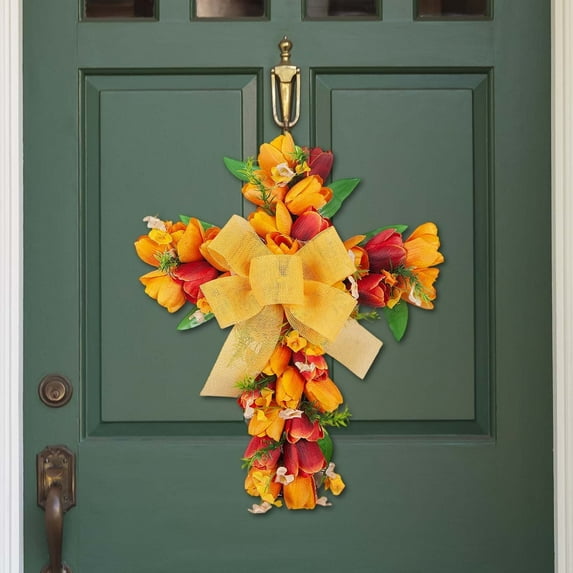 Zonao Front Door Cross with Lily Bow-Artificial Flower Wreath Easter Decoration for Door Window Outside