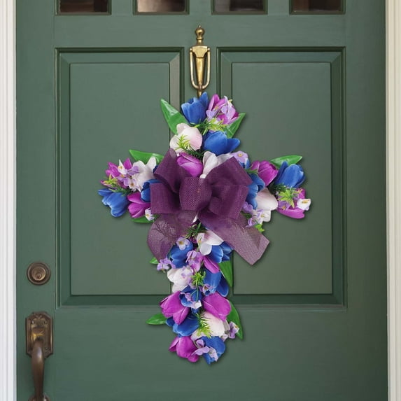 Zonao Front Door Cross with Lily Bow-Artificial Flower Wreath Easter Decoration for Door Window Outside