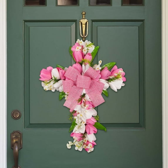 Zonao Front Door Cross with Lily Bow-Artificial Flower Wreath Easter Decoration for Door Window Outside