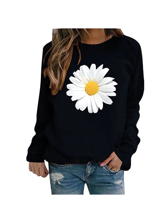 Tnhcen Long Sleeved Womens Sweatshirt Daisy Print Womens Tops Blouse Womens Sweater