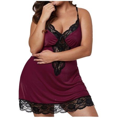 Plus Size Lingerie for Women L-5XL Lace Satin Nightdress Womens Lingerie V Neck Nightwear Satin Sleepwear Lace Chemise Mini Teddy Satin Nightgown Nightdresses Slip Lingerie