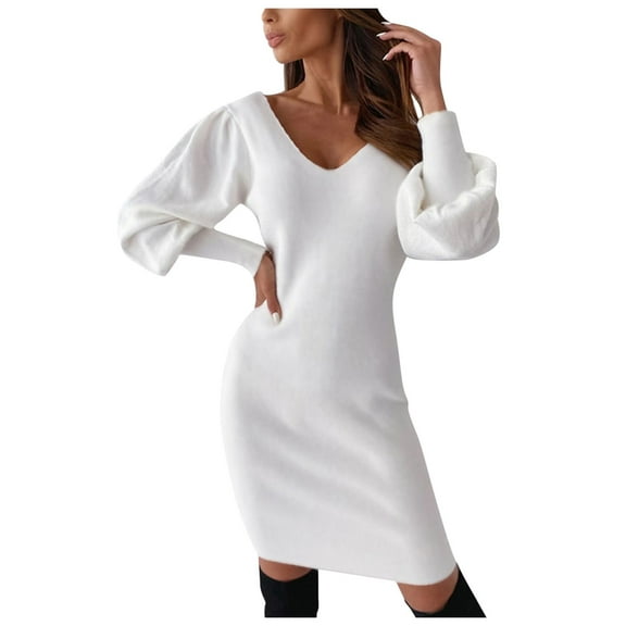 Tnhcen s Women Dresses Ladies's Solid Lace DressV-Neck Backless Long-Sleeved Mini Dress Party Elegant Dress White