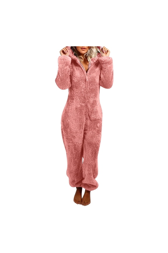 Tnhcen Women's Plus Size Fleece Pyjamas,Fluffy Soft Hooded Pyjama Set Winter Fall Cat Ear Pockets Sleeping Jumpsuit Cute Fleece Pajamas Suit Hooded Sleepwear Bodysuit