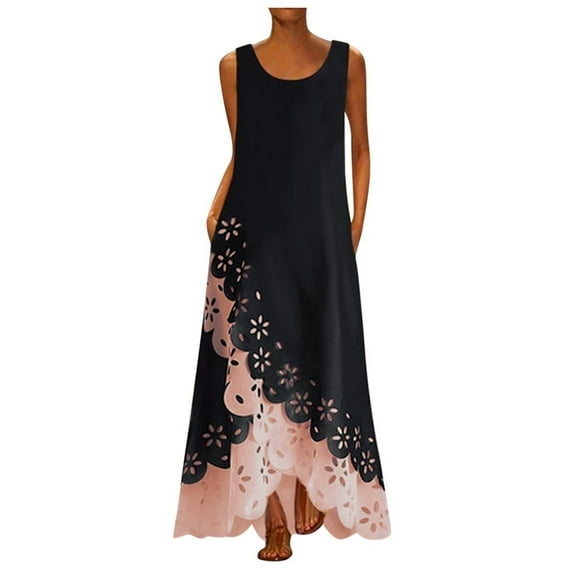 Oxodoi Sales Summer Dresses for Women, Ladies Casual Polka Dot Flower Printing High Waist A-Line Long Maxi Skirt Plus Size Dresses Party Elegant Dresses Pink