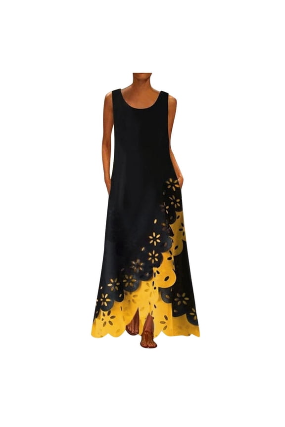 Sales Summer Dresses for Women, Ladies Casual Polka Dot Flower Printing High Waist A-Line Long Maxi Skirt Plus Size Dresses Party Elegant Dresses Yellow