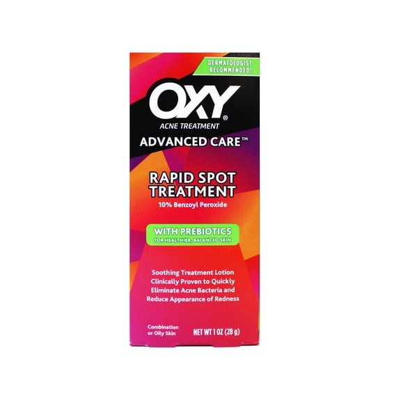 Oxy Acne Advanced Care Rapid Spot Treatment, 10% Benzoyl Peroxide with Prebiotics, Soothing Treatment Lotion for Oily or Combination Skin, 1 oz